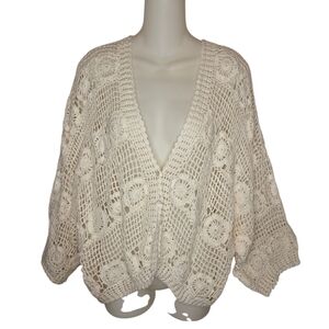 Expressions NWOT Granny Square Crochet Ivory Cardigan Sweater Boho 3X